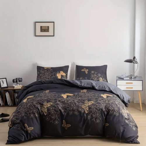 Single size 4 piece reversible butterfly design in brown and grey. - BusDeals