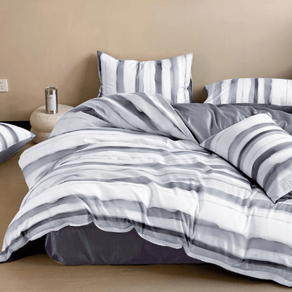 Single size, 4 - piece, reversible duvet cover set featuring a striped design in a vibrant gray color. - BusDeals