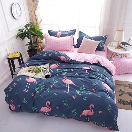 Single size 4 pieces, Aegean Color Flamingo Design, Duvet Cover Set without Filler - BusDeals