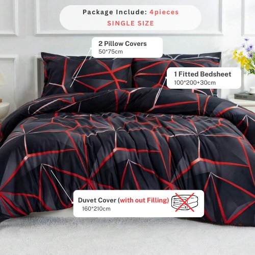 Single Size 4 pieces Bedding set, Black with Red Design Geometric. - BusDeals