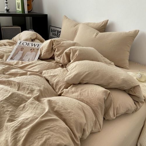 Single size 4 pieces bedding set, Washable Cotton Beige Color. - BusDeals