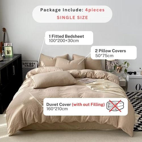 Single size 4 pieces bedding set, Washable Cotton Beige Color. - BusDeals