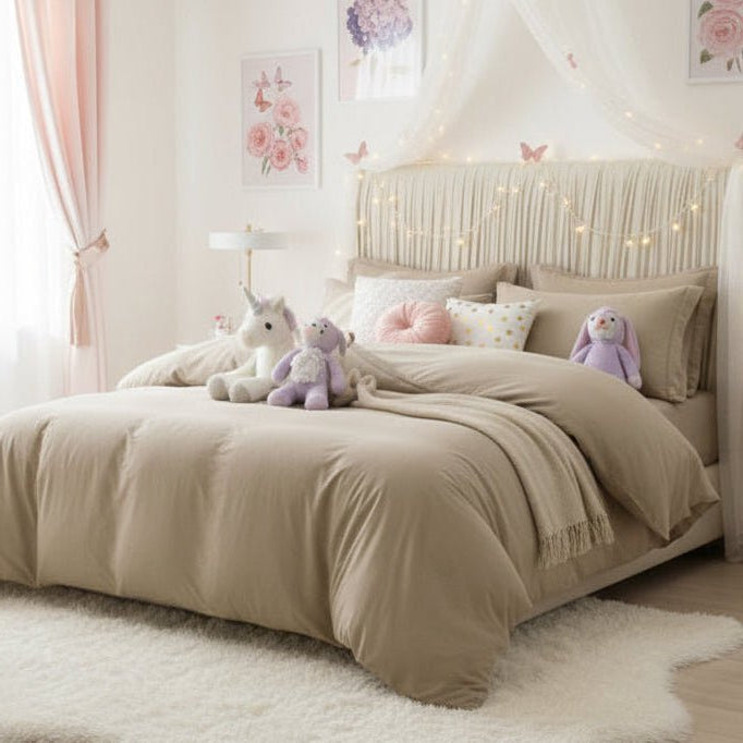 Single size 4 pieces bedding set, Washable Cotton Beige Color. - BusDeals