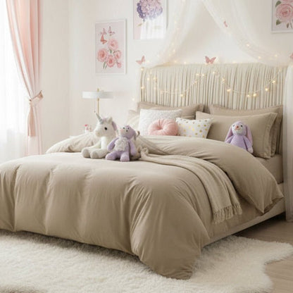 Single size 4 pieces bedding set, Washable Cotton Beige Color. - BusDeals