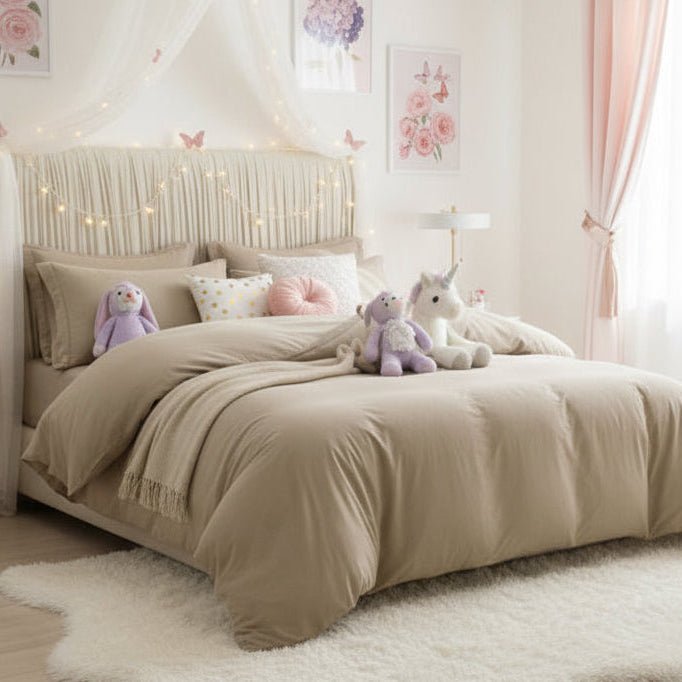 Single size 4 pieces bedding set, Washable Cotton Beige Color. - BusDeals