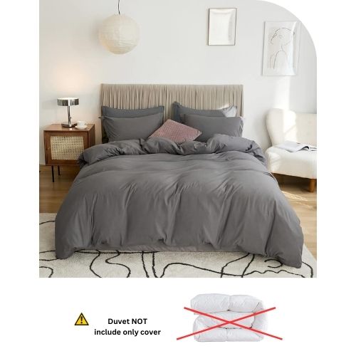 Single Size 4 Pieces Bedding Set, Washable Cotton Dark Gray Color. - BusDeals