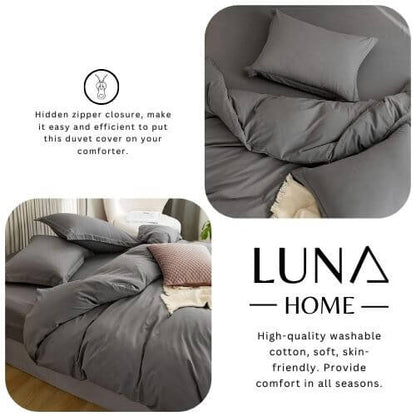 Single Size 4 Pieces Bedding Set, Washable Cotton Dark Gray Color. - BusDeals