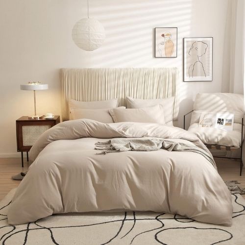 Single size 4 pieces bedding set, Washable Cotton Light Beige Color. - BusDeals