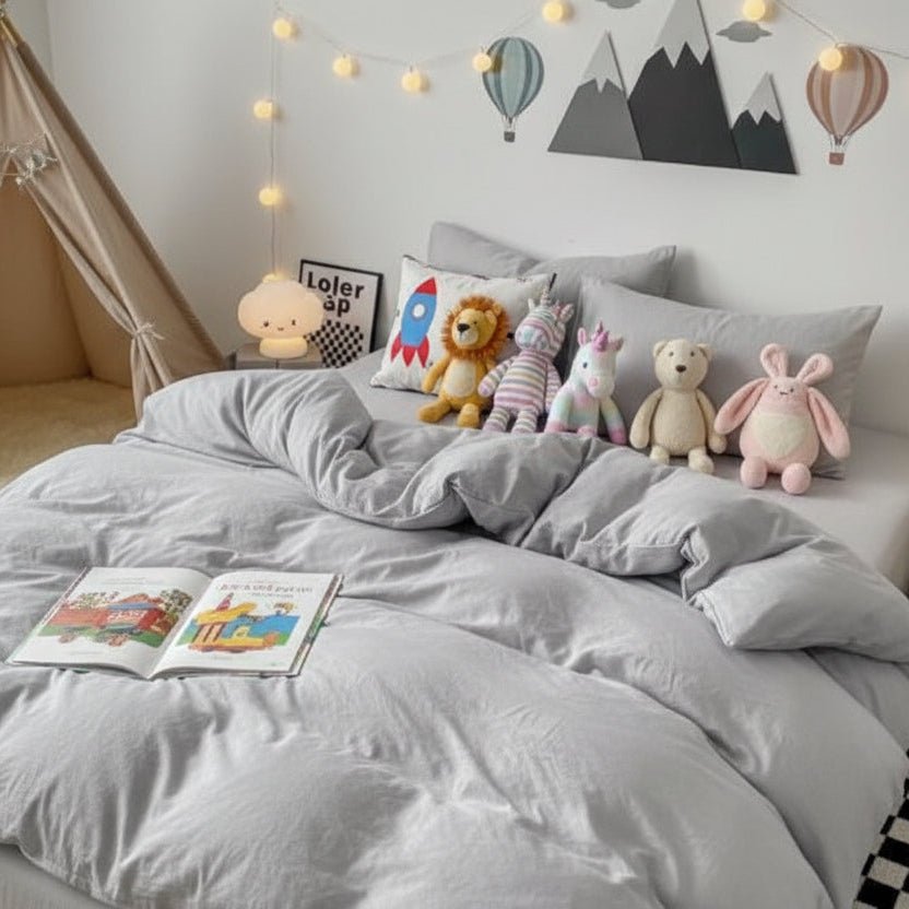 Single Size 4 Pieces Bedding Set, Washable Cotton Light Gray Color. - BusDeals