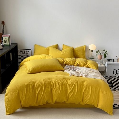 Single size 4 pieces bedding set, Washable Cotton Yellow Color. - BusDeals