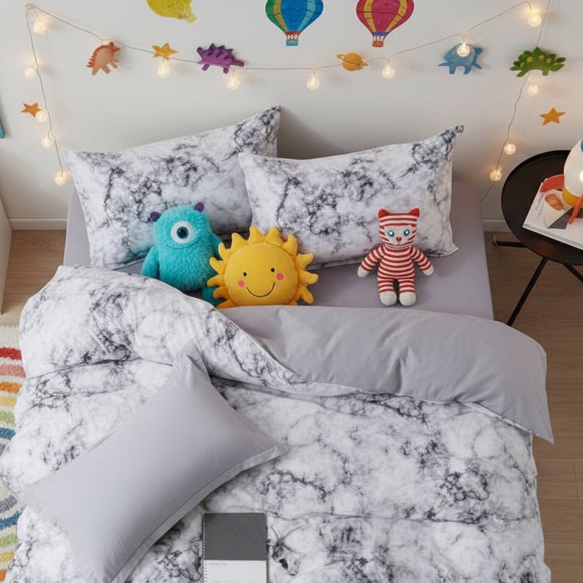 Single size 4 pieces Bedding Set without filler, Marble Design Grey Color - BusDeals