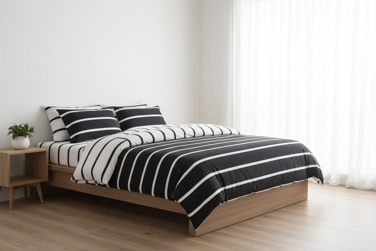 Single Size 4 Pieces, Black & White Stripe Design. - BusDeals