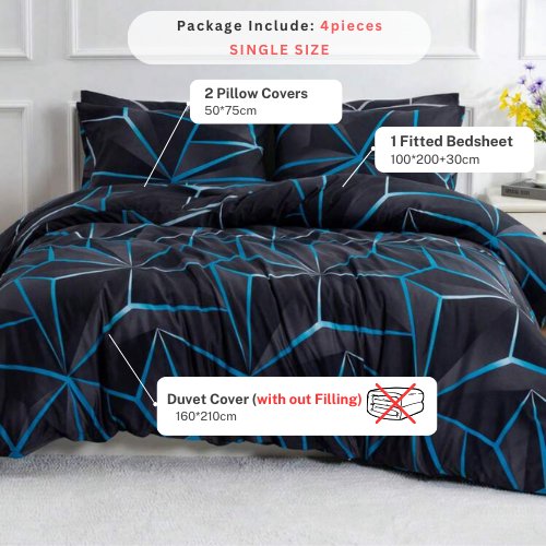 Single Size 4 pieces, Black with Blue Geometric Design Duvet cover set. - BusDeals