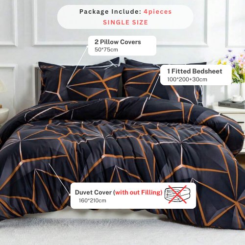 Single Size 4 pieces Black with Brown Geometric Design Duvet cover set. - BusDeals