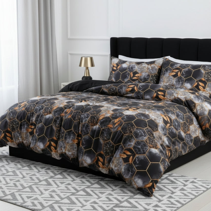 Single size 4 pieces, Black with Gold Marble Design Duvet Cover set. - BusDeals