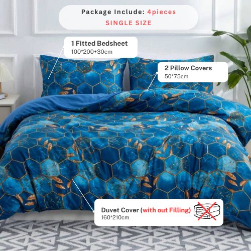 Single Size 4 pieces, Blue Marble Design Bedding set. - BusDeals