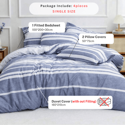 Single Size 4 pieces, Blue Stripe Design Duvet cover set. - BusDeals