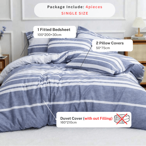 Single Size 4 pieces, Blue Stripe Design Duvet cover set. - BusDeals
