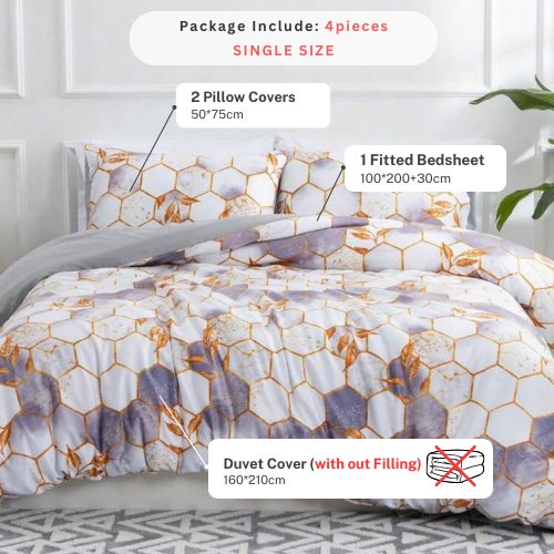 Single Size 4 pieces Duvet cover set, ﻿White with Purple Marble Design. - BusDeals