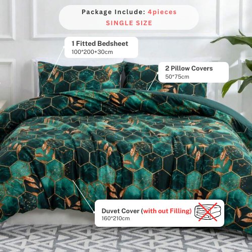Single Size 4 pieces, Green Marble Design Duvet Cover set. - BusDeals