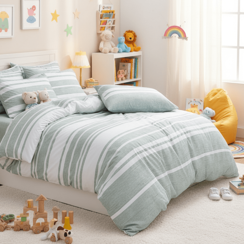 Single Size 4 pieces Green Stripe Design Duvet cover set. - BusDeals
