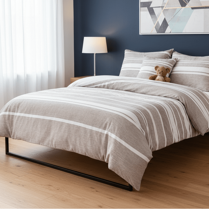 Single Size 4 pieces, Light Brown Stripe Design Bedding set. - BusDeals