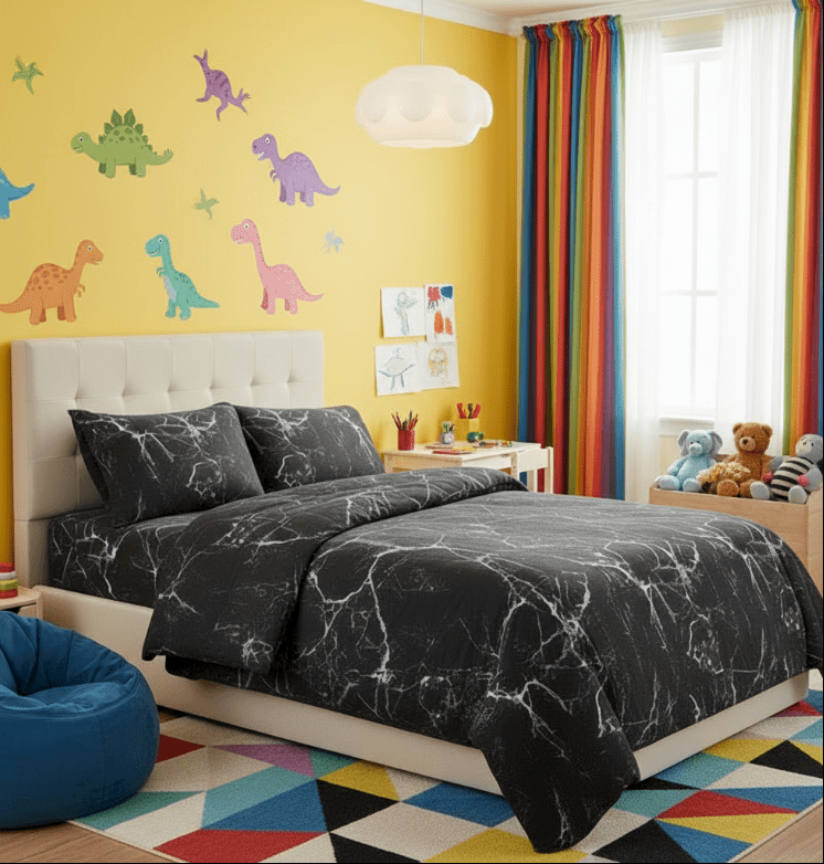 Single size 4 pieces marble pattern duvet cover (without filling) set , Black color. - BusDeals