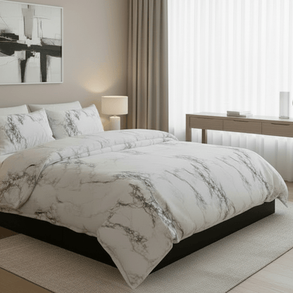 Single size 4 pieces, Modern bedroom with marble - patterned bedding - BusDeals