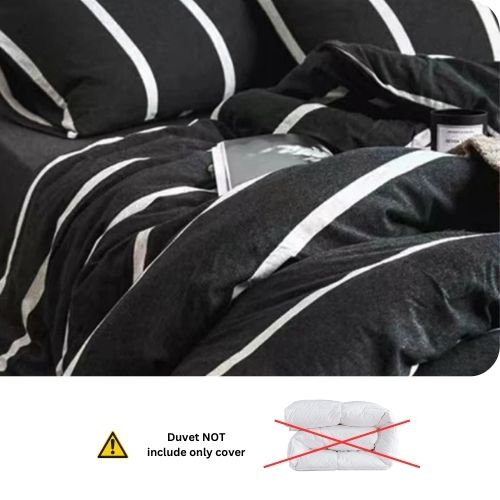Single Size 4 pieces non-reversible bedding set, black and white stripe design with black bedsheet - BusDeals