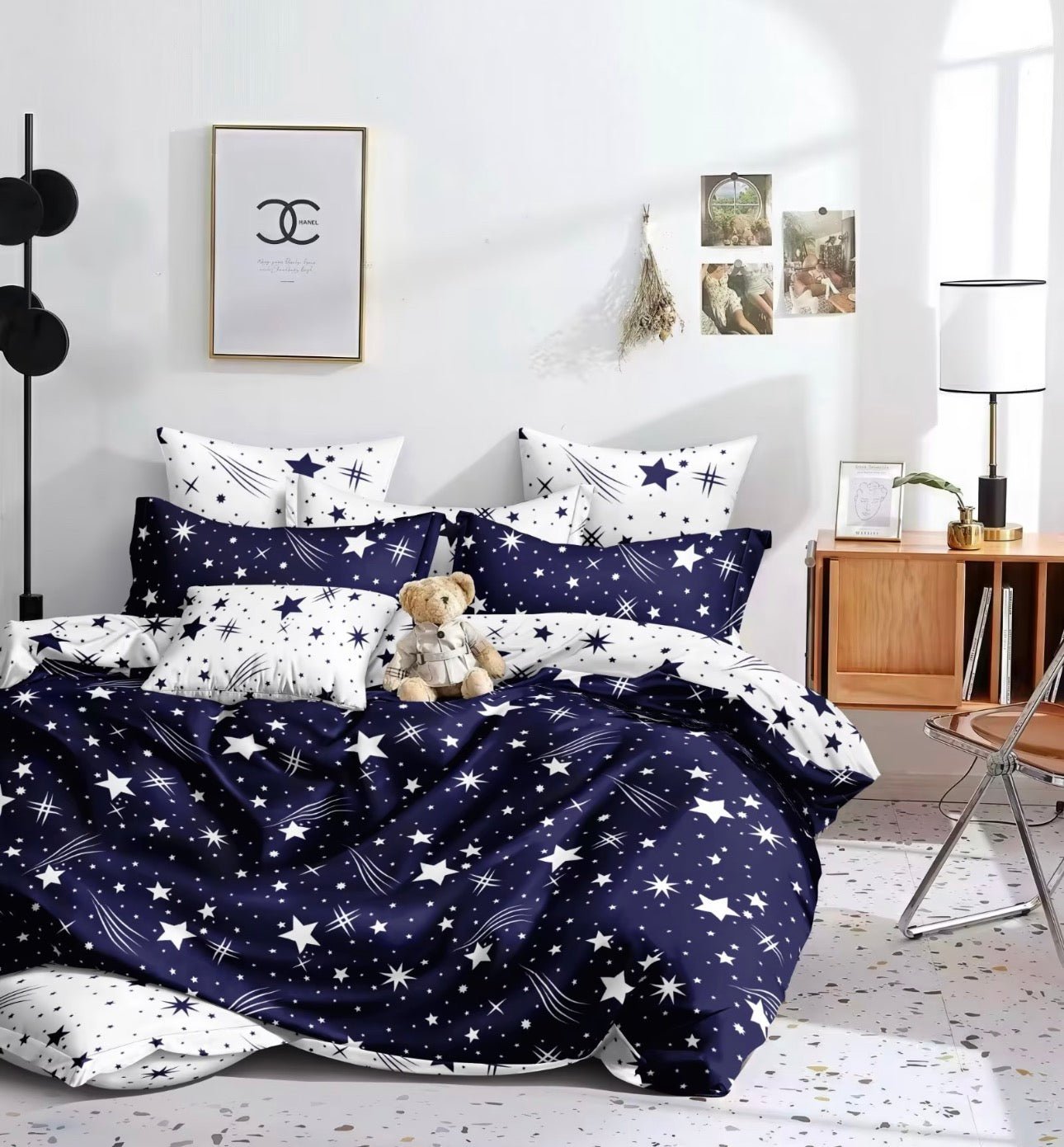 Single size 4 Pieces Reversible Navy Blue Sky Stars Fall Design, Duvet cover without filler. - BusDeals