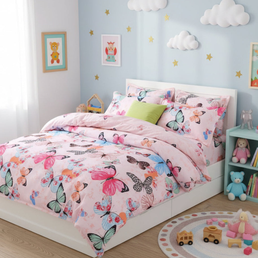 Children's bedroom with butterfly-themed bedding and toys on the floor. Unite Arab Emirates, Dubai