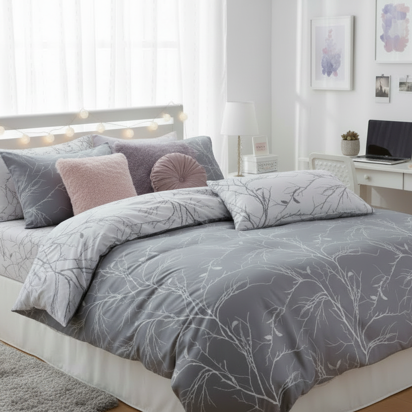 Single Size 4 pieces set without filler, Reversible Design Grey and White Sakura Duvet cover. - BusDeals