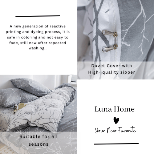 Single Size 4 pieces set without filler, Reversible Design Grey and White Sakura Duvet cover. - BusDeals