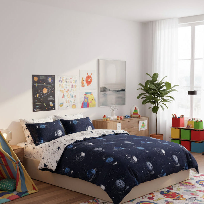 Navy blue bedding set with space-themed design on a bed in a bright bedroom.