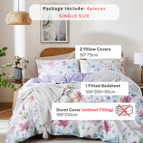 Single size bedding set featuring a beautiful floral design in purple and pink, consisting of four pieces. - BusDeals