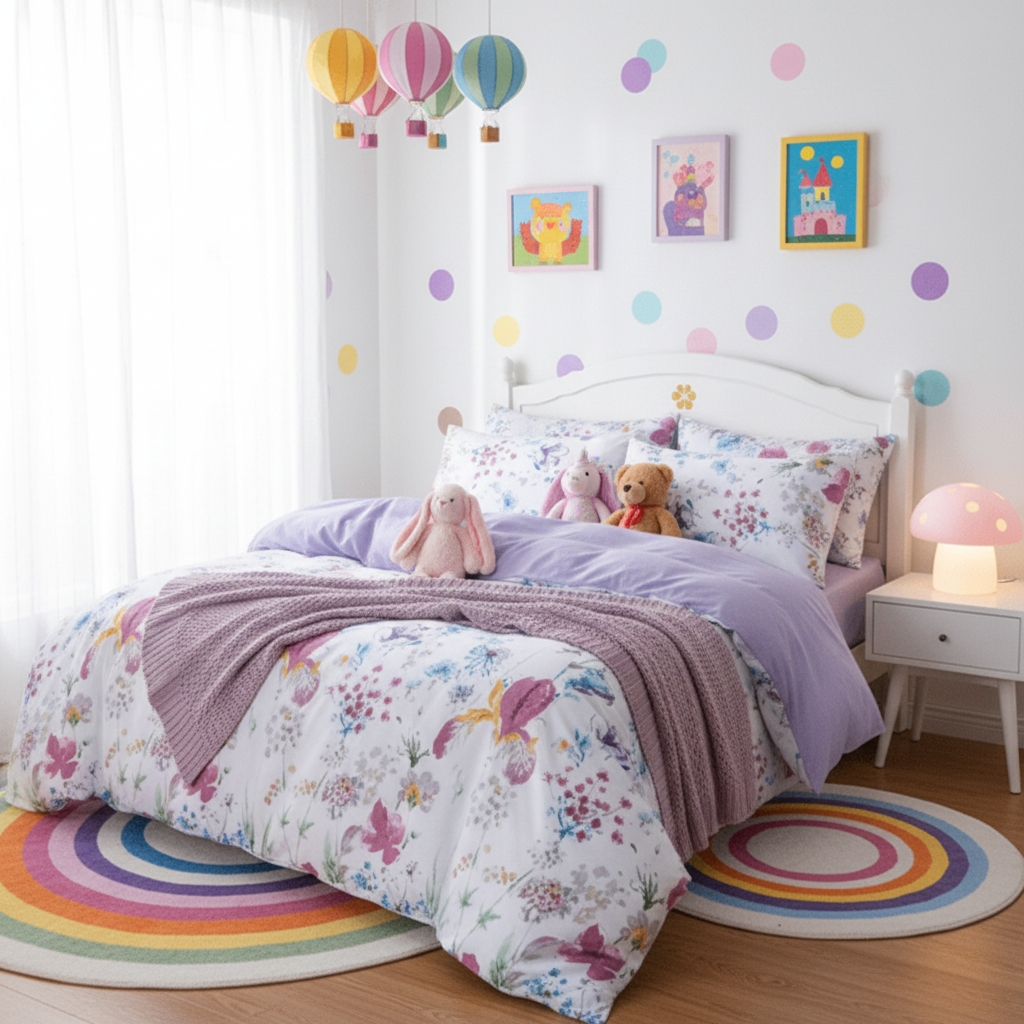 Single size bedding set featuring a beautiful floral design in purple and pink, consisting of four pieces. - BusDeals