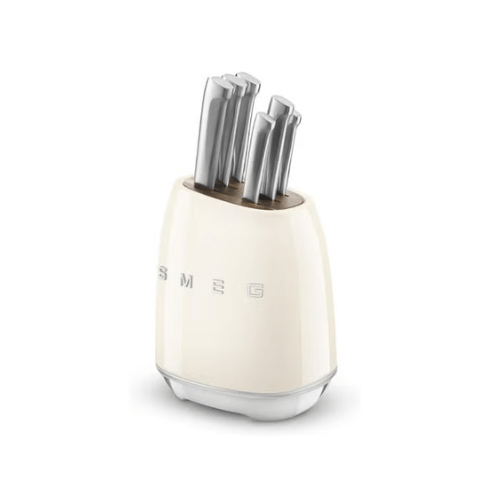 SMEG Knife Set KBSF02CR 6 - Piece Stainless Steel Knife Block, Italian DesignDurable and Sharp Blades, Cream - BusDeals