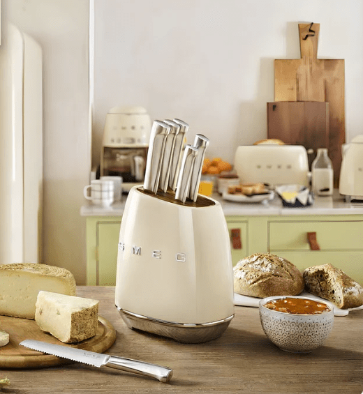 SMEG Knife Set KBSF02CR – Premium 6 - Piece Stainless Steel Knife Block, Italian Design, Ergonomic Handles, Durable and Sharp Blades, Cream - BusDeals