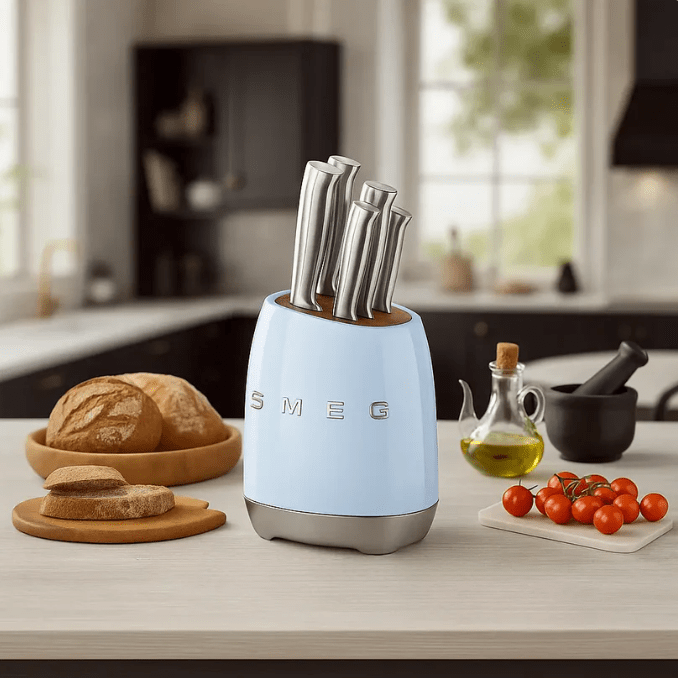 SMEG Knife Set KBSF02PB – Premium 6-Piece Stainless Steel Knife Block, Italian Design, Pastel BluePastel Blue - BusDeals