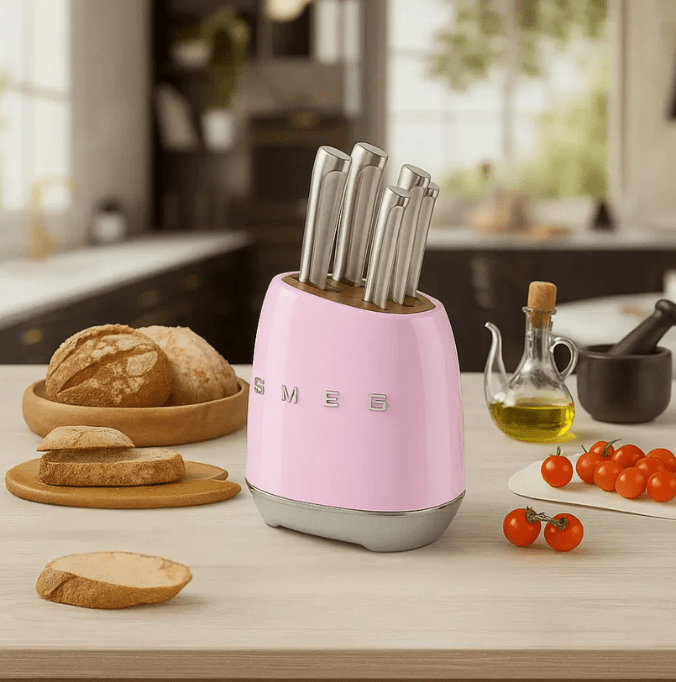 SMEG Knife Set KBSF02PK– Premium 6 - Piece Stainless Steel Knife Block, Italian Design, Ergonomic Handles, Durable and Sharp Blades, Powder Pink - BusDeals