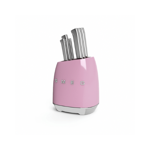 SMEG Knife Set KBSF02PK– Premium 6 - Piece Stainless Steel Knife Block, Italian Design, Ergonomic Handles, Durable and Sharp Blades, Powder Pink - BusDeals