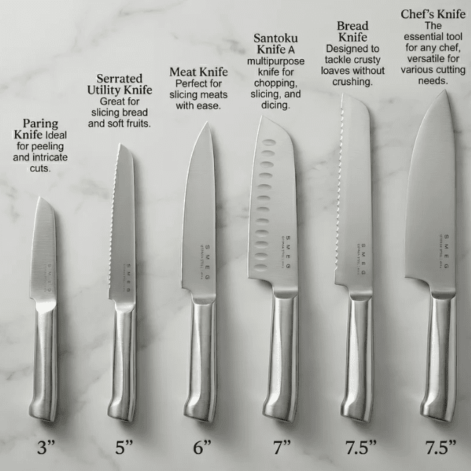 SMEG Knife Set KBSF02WH – Premium 6 - Piece Stainless Steel Knife Block, Italian Design, Ergonomic Handles, Durable and Sharp Blades, White. - BusDeals