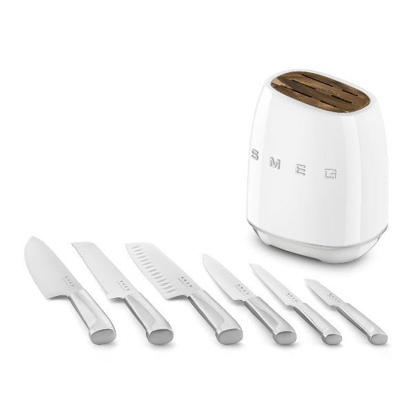 SMEG Knife Set KBSF02WH – Premium 6 - Piece Stainless Steel Knife Block, Italian Design, Ergonomic Handles, Durable and Sharp Blades, White. - BusDeals