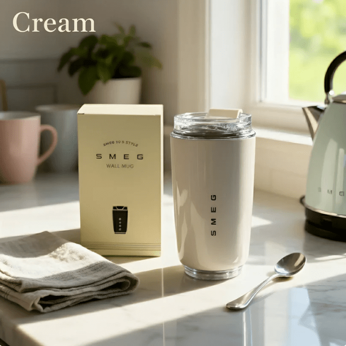 Smeg Mug, 240ml Insulated Stainless Steel Coffee mug, Cream - BusDeals