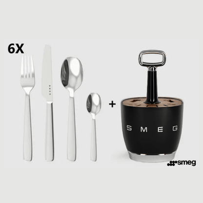 SMEG - Set for 6 person, complete set. Retro Stainless Steel Cutlery Holder for Kitchen with Knife,Fork,Spoon - BusDeals