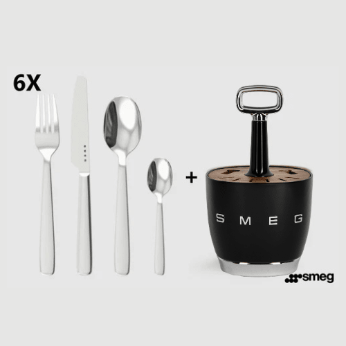 SMEG - Set for 6 person, complete set. Retro Stainless Steel Cutlery Holder for Kitchen with Knife,Fork,Spoon Black. - BusDeals