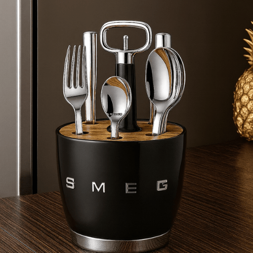 SMEG - Set for 6 person Retro Stainless Steel Cutlery Holder for Kitchen with Knife,Fork,Spoon Black. - BusDeals