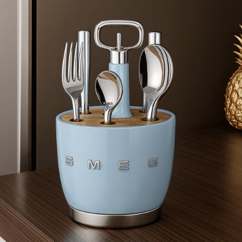SMEG - Set for 6 person Retro Stainless Steel Cutlery Holder for Kitchen with Knife,Fork,Spoon Blue. - BusDeals