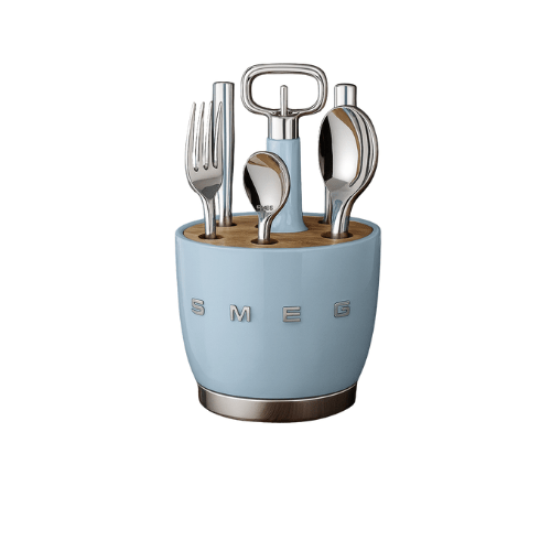 SMEG - Set for 6 person Retro Stainless Steel Cutlery Holder for Kitchen with Knife,Fork,Spoon Blue. - BusDeals
