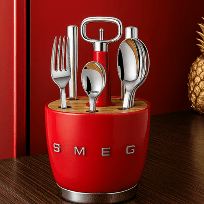 SMEG - Set for 6 person Retro Stainless Steel Cutlery Holder for Kitchen with Knife,Fork,Spoon Red. - BusDeals